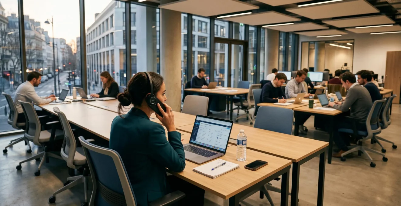 Une business developer travaille sur deux écrans et passe un appel avec l'historique d'interactions d'un compte B2B.