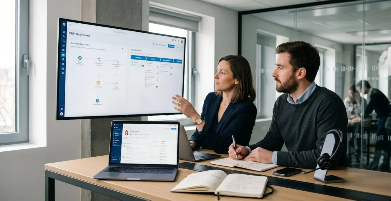 Deux professionnels analysent une campagne de prospection B2B sur un écran CRM et un ordinateur portable dans un bureau contemporain.