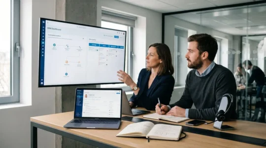 Deux professionnels analysent une campagne de prospection B2B sur un écran CRM et un ordinateur portable dans un bureau contemporain.