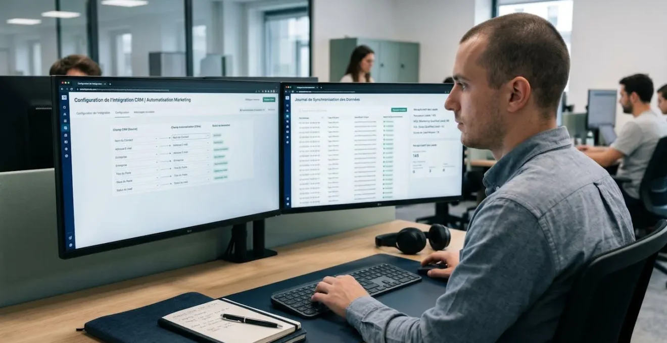 Un responsable RevOps configure deux écrans affichant un CRM, des scores de leads et une synchronisation marketing automation.